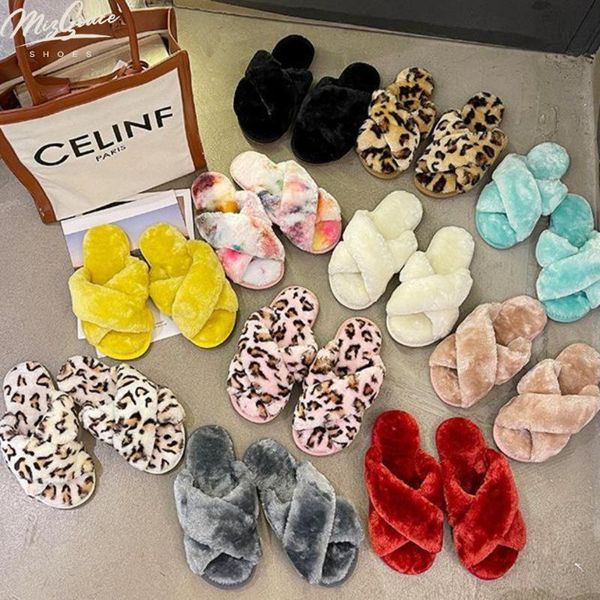 

slippers women's plush leopard furry rainbow cotton cross shoes size 41 home non-slip warm autumn winter fashion modis sexy, Black