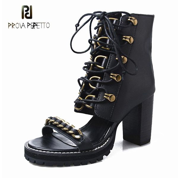 

prova perfetto fashion metal chain gladiator sandals cross tied chunky high heel decor women genuine leather black