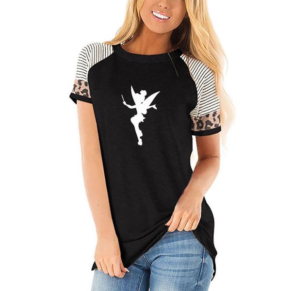 

fairy silhouette graphic print leopard t-shirt for female lover gift short sleeve splice women plus size women's, White