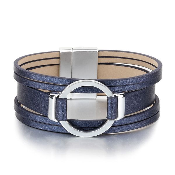 

circle charm magnetic buckle layered leather cuff bracelet for women gift, White