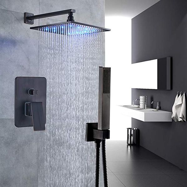 

bathroom shower faucet set 2-way mixer control led light 12-inch rainfall showerhead with hand spray wand oil rubbed bronze sets