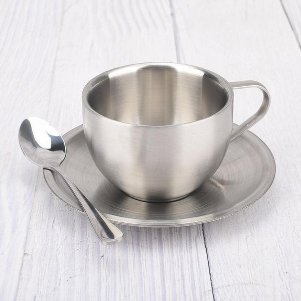 

mugs double-deck stainless steel coffee cups set thermal insulation mug tea milk with saucer mat spoon