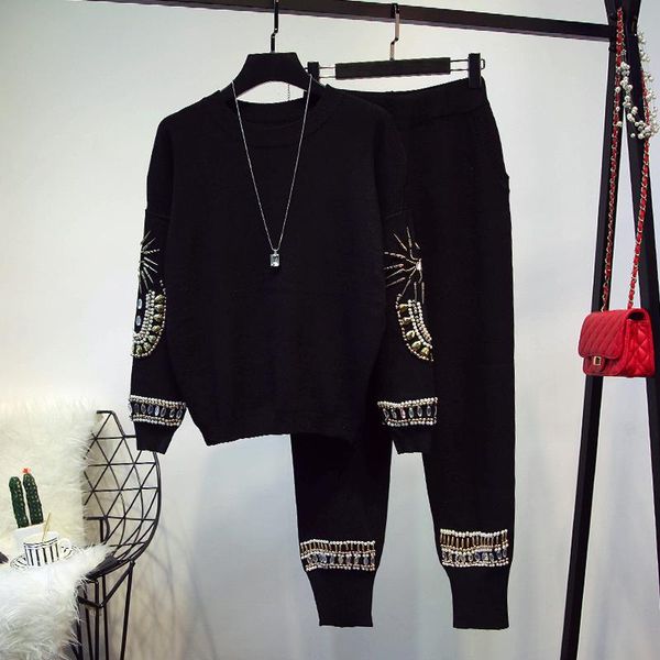 

women's tracksuits 2021 arrive beading diamonds long sleeve sweater sequins pants suit, winter 2 pieces suit set, Gray