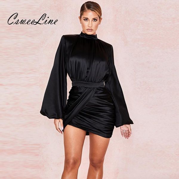 

casual dresses pleated satin party mini short bodycon dress women bandage chic puff sleeve robe femme autumn office ladies, Black;gray