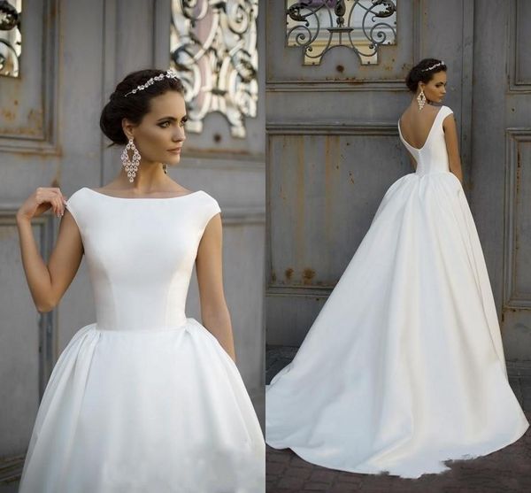 

elegant simple satin wedding dresses 2021 custom made plus size sweep train covered buttons back castle bridal gown a line vestido de novia, White
