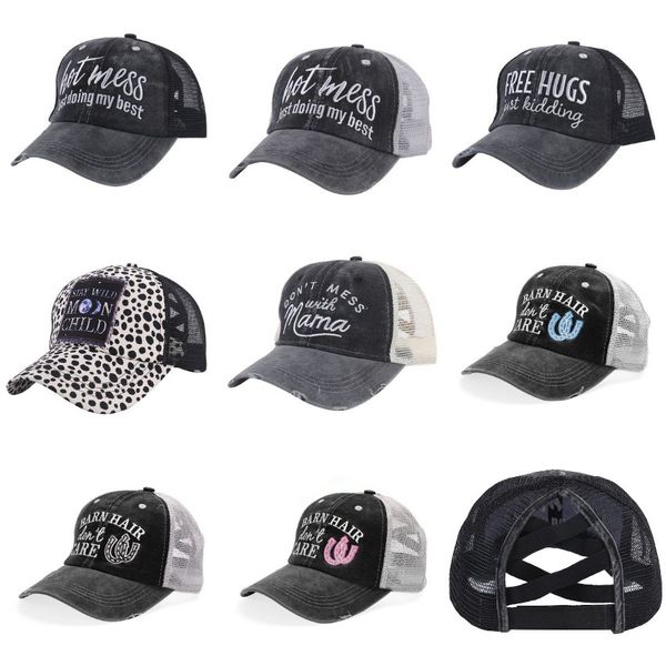

criss cross ponytail hats woman washed net embroidered caps messy bun leopard baseball cap cyz3021 80pcs
