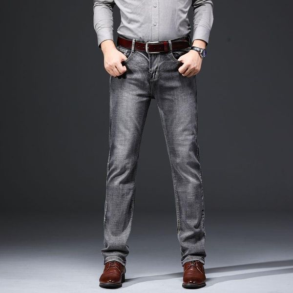 

men's jeans fall style loose gray high waist pure cotton stretch soft classic jeans/business work pants denim men clothing, Blue