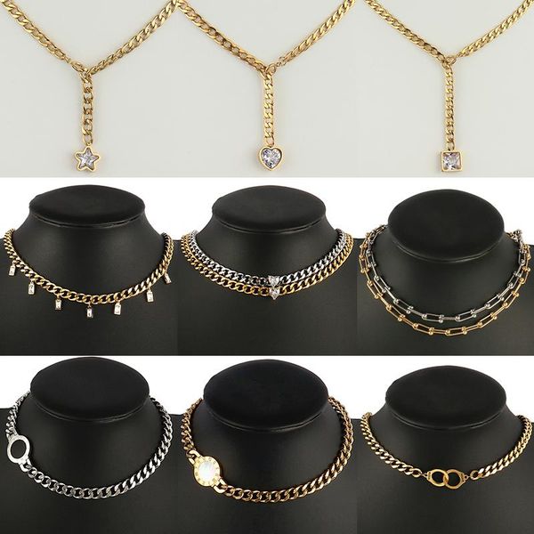 

chains punk women choker necklace stainless steel necklaces thick chain for heart zircon charm jewelry gifts, Silver