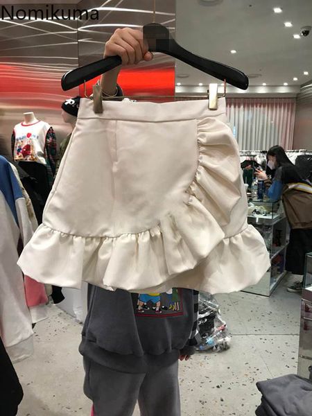 

nomikuma spring new ruffle mini skirts korean stretch high waist women a-line skirt causal solid sweet mujer faldas 6e736 210427, Black