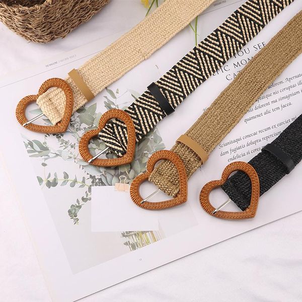

belts retro fake straw belt summer women braided heart shape pin buckle linen weave ethnic style elastic female wide, Black;brown