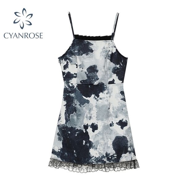 

summer women's spaghetti strap dress fashion tie-dyed lace patchwork bodycon backless vintage suspender female 210515, Black;gray