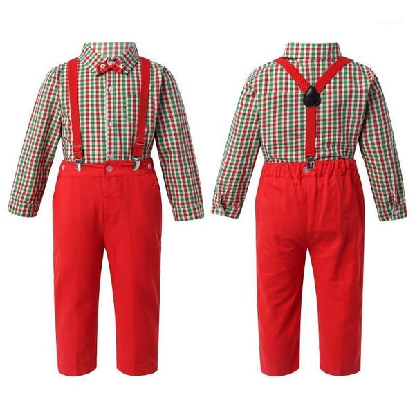 

clothing sets 4pcs boys party costume outfits kids birthday clothes gentleman suits bowtie long sleeve plaid shirt + suspenders pants boy su, White