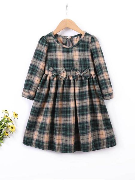 

toddler girls tartan print bow front puff sleeve keyhole back dress she, Red;yellow