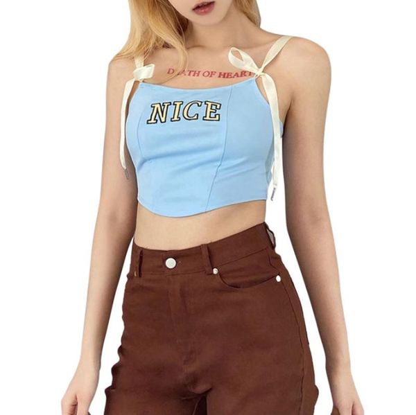 

women's t-shirt sleeveless lace up shoulder strap lettering printed vest irregular hem camisole for female, White
