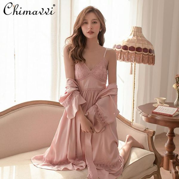

spring nightgown for women vintage court style french robetwo-piece set princess solid lace-up sleeping dress women's sleepwear, Black;red