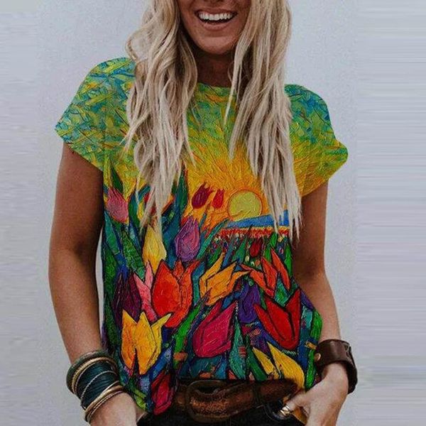 

fashion women t-shirt femme o-neck short sleeve woman floral prints loose summer clothing women's, White