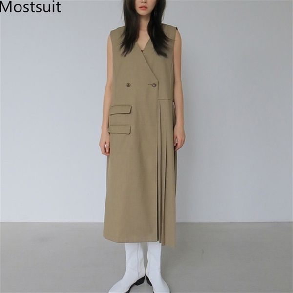 

korean fashion v-neck long vest dress women sleeveless one-button pleated dresses solid office workwear female vestidos 210513, Black;gray