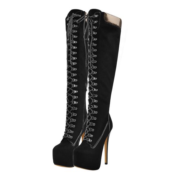 Mulheres apontadas dedos sobre o joelho fino alto botas stiletto flock lado zip amarelo botas de preto tamanho grande US5US15