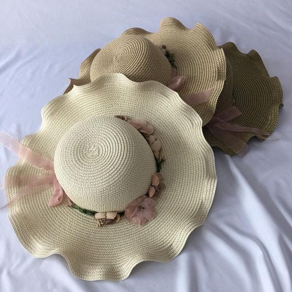 

wide brim hats 2021 hat women summer all-match sunscreen panama beach to go the seaside big simulation flower accessories s, Blue;gray