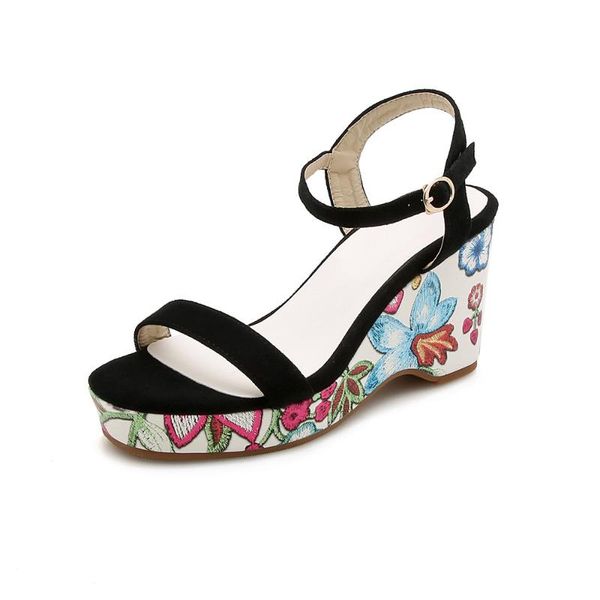 

sandals 2021 summer printed high-heeled wedge open-toe retro shallow mouth waterproof platform your women's, Black