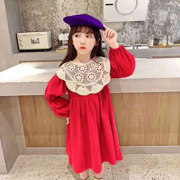 

autumn girls' dresses children baby kids clothing lace collar delicate fashionable red dress for girls 210625, Red;yellow