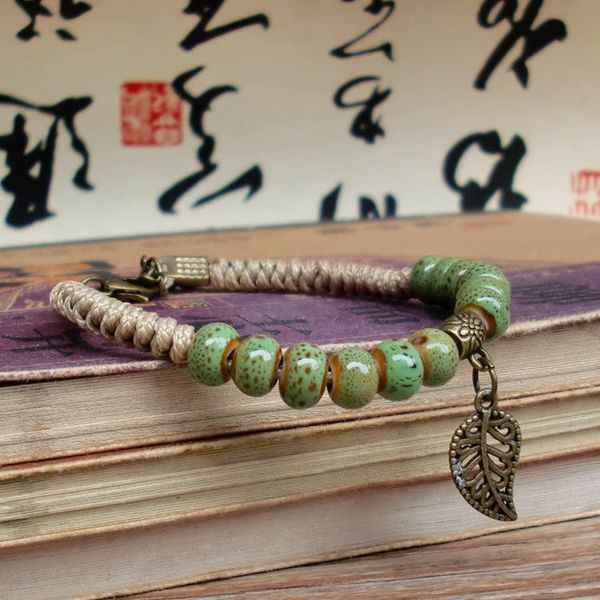 Retro pulseira feminina flor folha cerâmica mão fez bracelets artware para mulher menina jóias de presente