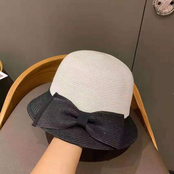 

stitching black and white paper straw female summer uv sunscreen elegant bow basin beach fisherman hat, Black;white