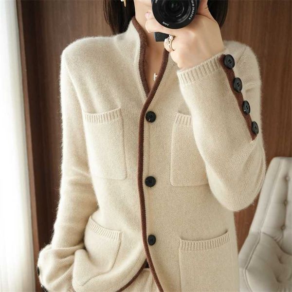 100% Cashmere / Camisola de Lã Outono / Inverno Mulheres Stand-up Collar Cardigan Casual Knit Tops Coreano Plus Size Jacket Feminino 211018