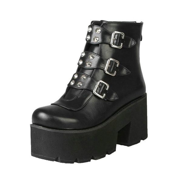 

boots women's black round head thick bottom heel short punk style handsome women
