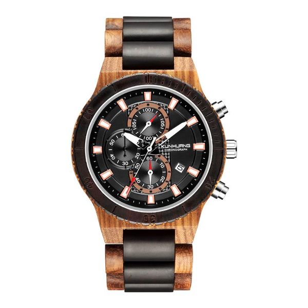 

wristwatches wooden watches men stylish ebony wood timepieces chronograph military quartz clock relogios erkek kol saati, Slivery;brown