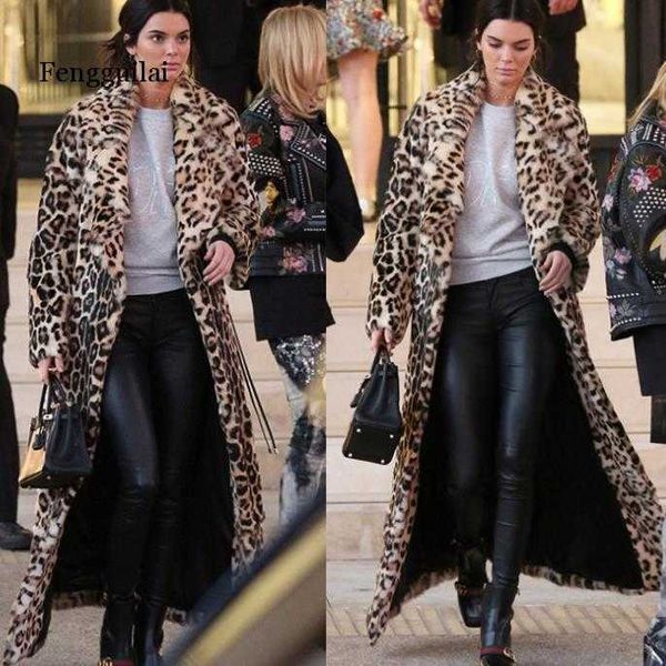 Леопардовое шубовое пальто Женщины осень зима густые теплые кролики плюшевые куртки плюш плюс размер женщина с капюшоном длинные из искусственных пальто Y1015