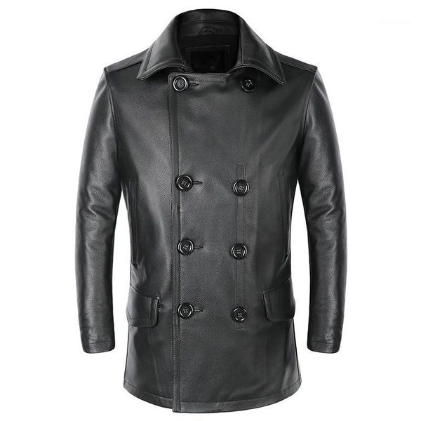 

men's leather & faux 2021 black men double breasted casual jacket large size 5xl genuine cowhide autumn russian long natural coat