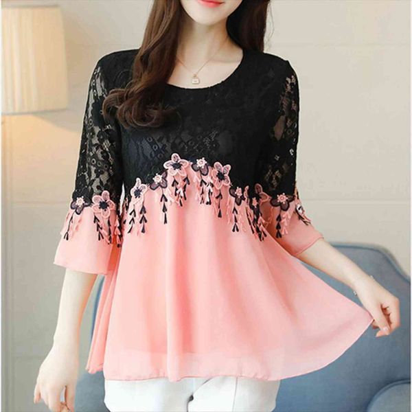 

elegant lace mesh stitching chiffon womens shirts casual loose clothing flowers blusas, White