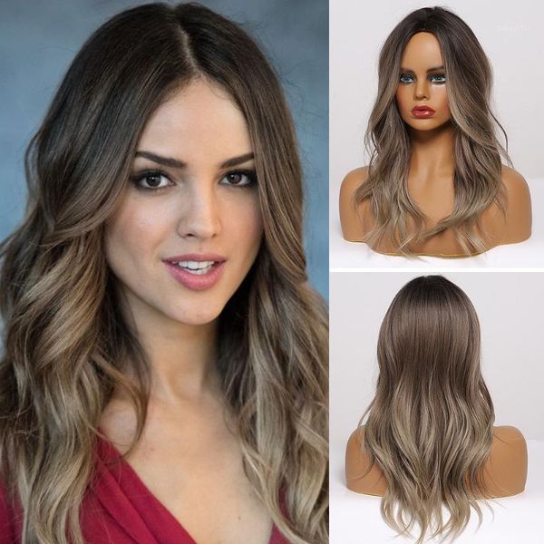 

long wavy ombre brown gray natural hair wigs middle part for afro women daily cosplay synthetic heat resistant fiber1, Black