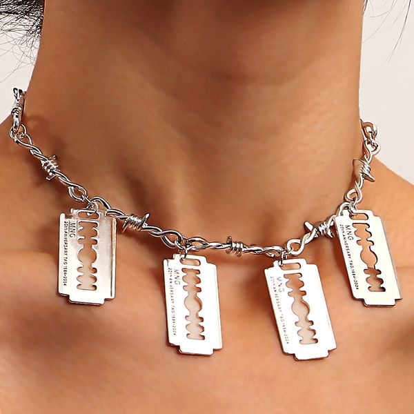 

razor blade thorn pendant necklace hiphop style tag jewelry for women, Silver