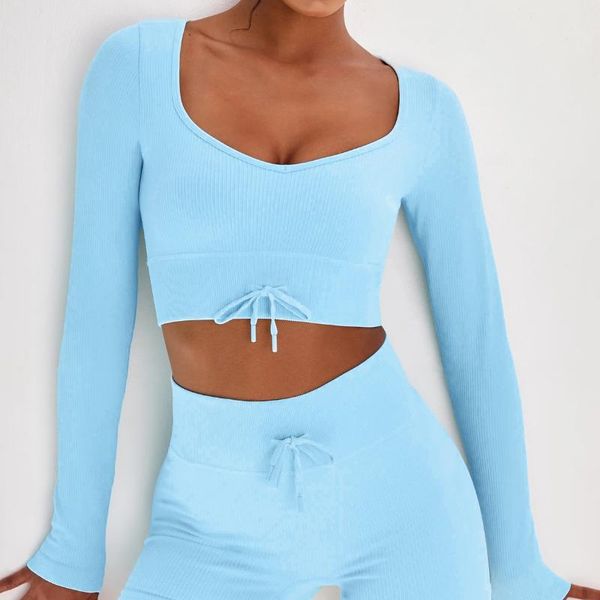 

yoga outfit drawstring seamless woman training for fitness sportswear long sleeve women's sport t-shirt gym clothing wear 2021