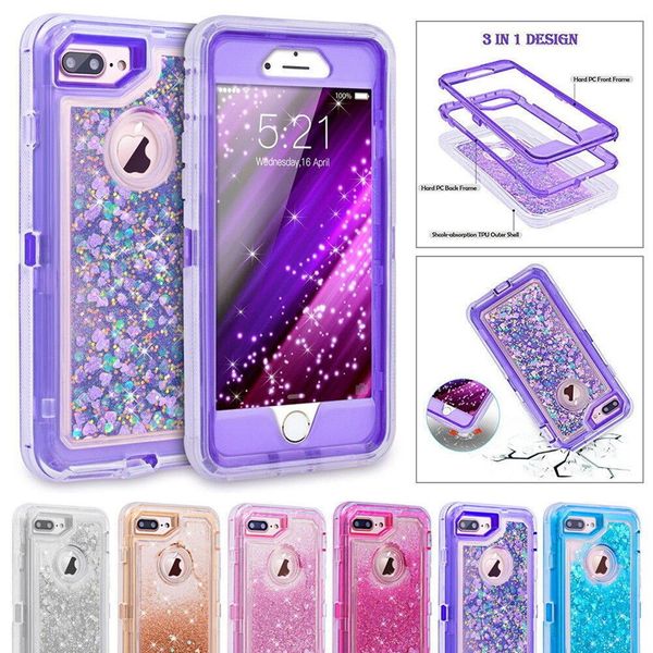 Caso di armatura glitter ibrido 3D per iPhone 8 6 6S 7 Plus XS MAX 12 11 Pro Max XR Dynamic Quicksand Antiurto Antiurto Casi Copertine