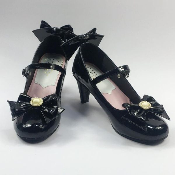 

6.3cm high heels women's bright black buckle strap bow lolita pumps thin princess cosplay shoes dress