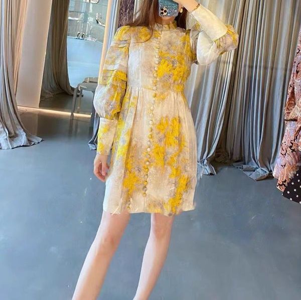 

casual dresses 2021 retro yellow printed linen mini dress women, Black;gray