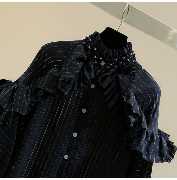 

women's blouses & shirts beads diamond-embedded long-sleeved shirt woman 2021 spring korean style loose striped ruffled turtleneck fray, White