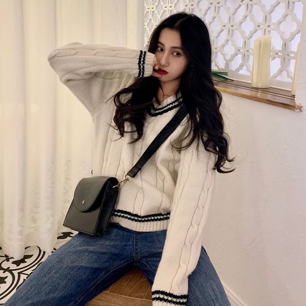 

2021 Autumn Winter korean style knitted Sweaters Womens Loose V neck Striped Sweater and Pullovers female (C8592), White;black