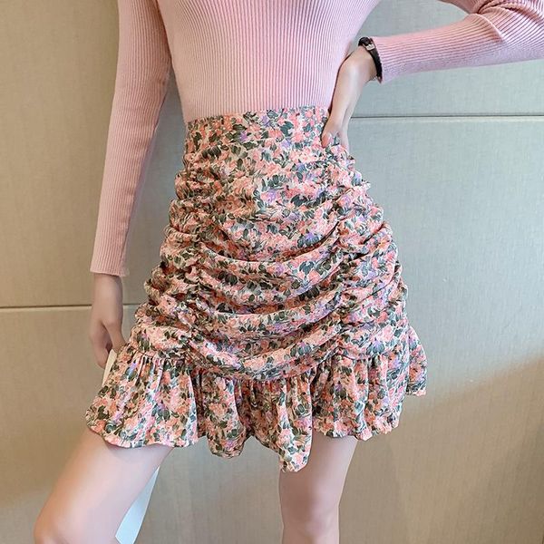 

skirts women 2021 summer mini floral skirt ruffles folds korean style high waist chiffon vintage female sweet trumpet, Black