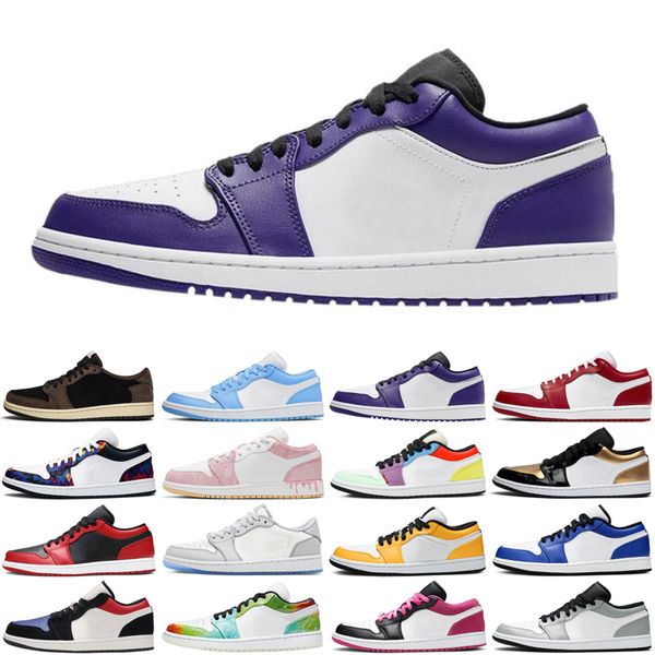 

1 1s low mens basketball shoes court purple unc paint drip men women trainers sports sneakers, White;red