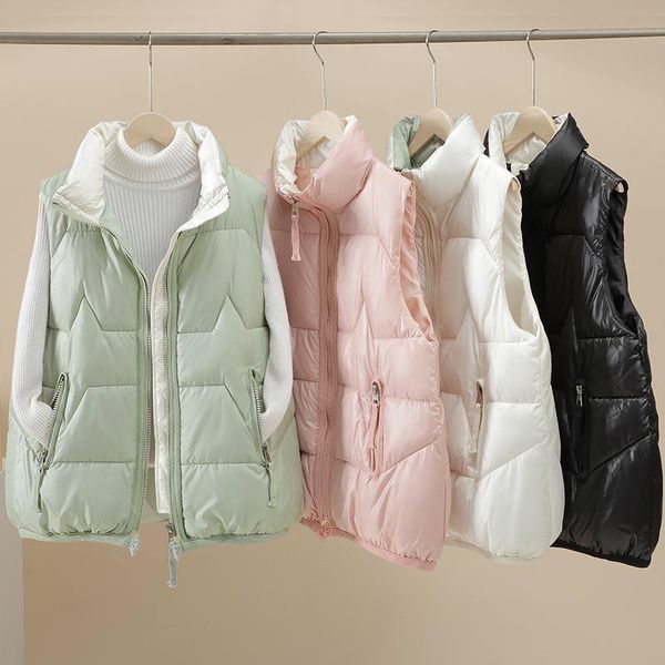 

women's vests solid women sleeveless jacket quilted zipper autumn winter ladies stand collar padded casual waistcoat for female fashion, Black;white