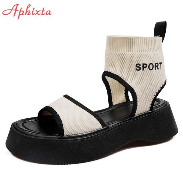 

dress shoes aphixta summer sport stretch fabric sandals women fashion peep toe cool platform wedge heel zapatos mujer female slides, Black