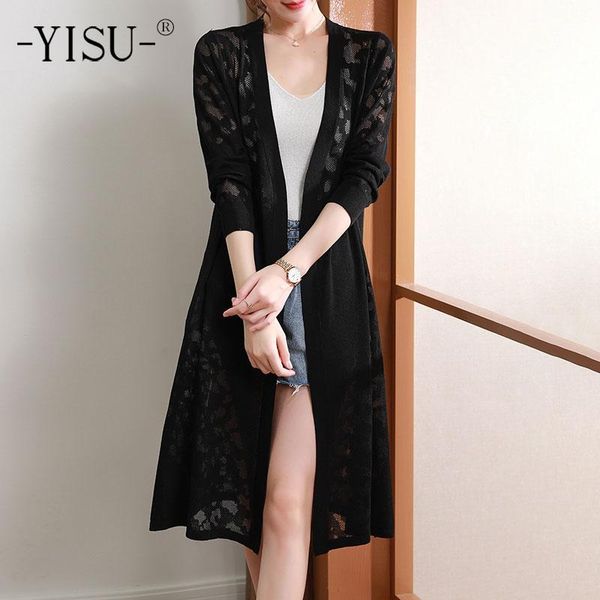 

women's knits & tees yisu women long section cardigan solid color v-neck middle sleeve coat casual female 2021 fashion transparent, White