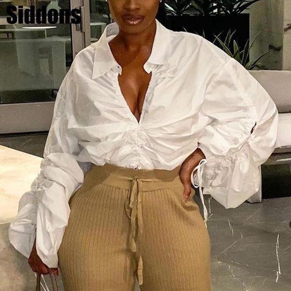 

women's blouses & shirts women lace up hollow out turn down collar shirring drawstring blouse lady long sleeve spring summer casual loo, White