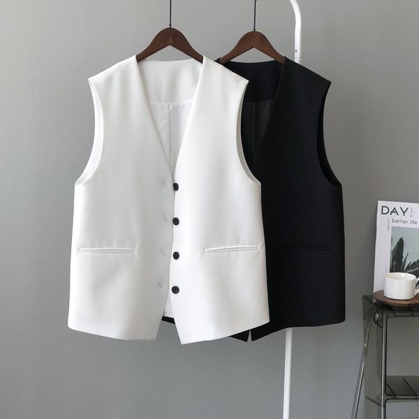 

women's two piece pants temperament single breasted waistcoat women 2021 spring white black office lady vest korean loose v-neck s