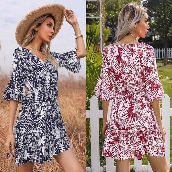 

charming dresses 2021 summer casual lace up print v-ne flared sleeve for women, Black;gray
