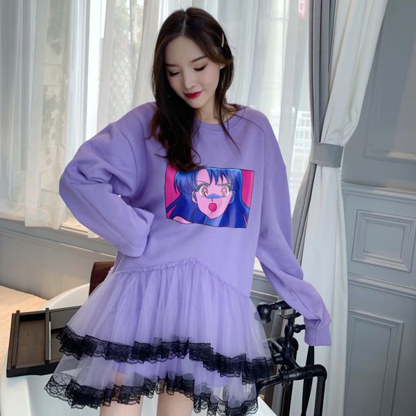 

spring female loose sweet round neck long sleeve patchwork mesh lace cascading ruffles purple sweatshirt dress16w410 210510, Black;gray